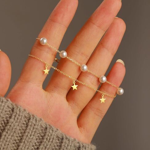 Pearl Bracelets for Women 925 Sterling Silver Stars Chain Bracelets 14k Gold Plated Pearl Layered Bracelets Non Tarnish Bridesmaid Proposal Wedding Birthday Jewelry Gift in Saudi Arabia