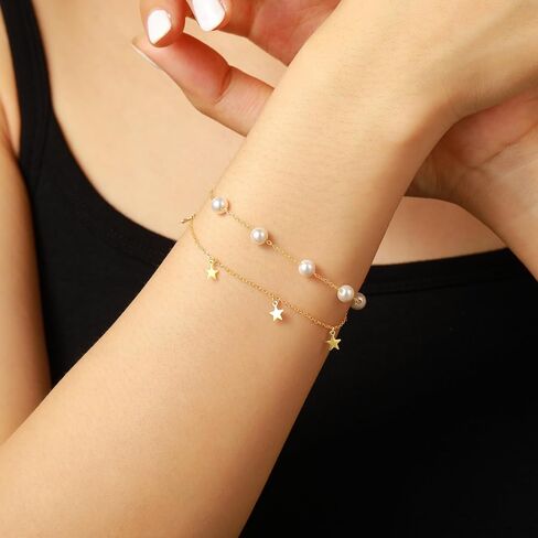 Pearl Bracelets for Women 925 Sterling Silver Stars Chain Bracelets 14k Gold Plated Pearl Layered Bracelets Non Tarnish Bridesmaid Proposal Wedding Birthday Jewelry Gift in Saudi Arabia