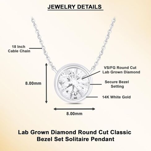 Dewberry 1 Carat Round Cut IGI Certified Lab Grown Diamond Classic Bezel Set Solitaire Pendant Necklace 18 Inch Cable Chain for Women | 14K White Gold or Yellow Gold | Engagement Anniversary Birthday Jewelry Gift for Her (Clarity: VS, Color: FG) in Saudi Arabia