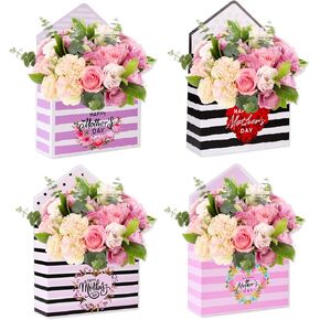 WaaHome Set of 4 Happy Mothers Day Flower Bouquet Packaging Gift Paper Boxes for Mom from Daughter Son, Mothers Day Florist Bouquet Envelope Boxes for Wife from Husband, Flower Boxes for Arrangements