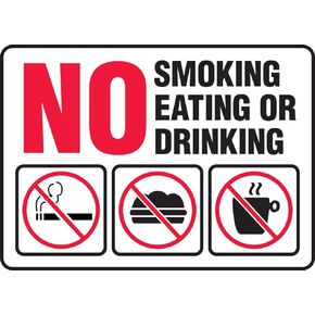 Accuform Signs MSMG537VS Adhesive Vinyl Safety Sign, Legend "NO Smoking Eating OR Drinking" with Graphics, 7" Length x 10" Width x 0.004" Thickness, Red/Black on White