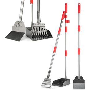 Pooper Scooper, Long Handle Dog Pooper Scooper, Heavy Duty Stainless Steel Rake with Tray & Spade Set for Pet Waste Removal, for Grass, Dirt or Gravel
