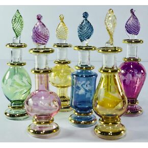 Egyptian Perfume Bottles, Mouth Blown Glass Genie bottles potion Perfume Bottles Wholesale Set of 6 Miniature bottles Size 2 (5 cm) with handmade Gold decorative bottle for essential& perfume oils