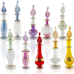 CraftsOfEgypt Genie Blown Glass Miniature Perfume Bottles for Perfumes & Essential Oils, Set of 10 Decorative Vials, Each 2" High (5cm), Assorted Colors
