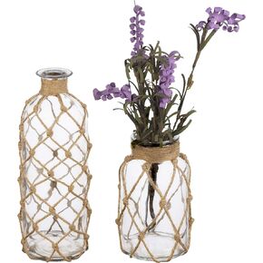MyGift Coastal Style Decorative Glass Bottles with Rope Wrapping, Set of 2