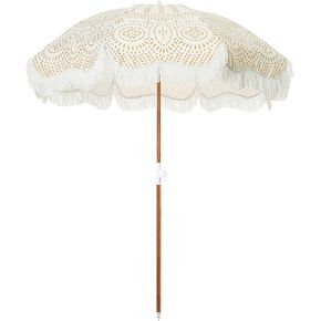 Business & Pleasure Co. Holiday Umbrella - Boho Beach Umbrella with White Fringe, UPF 50+, 1" Tilting Wood Pole, 5’ x 6.5’, Le Basque Navy