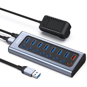 BENFEI Powered USB Hub with Power Adapter, 8-Port USB Splitter Hub(7 Faster Data Transfer Ports + 1 Smart Charging Port) with Individual LED On/Off Switches