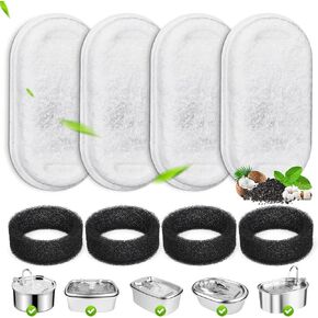 Cat Water Fountain Filters, 4 Pack Replacement Filters & Pre-Filter Sponges for 3.2L/108Oz & 67oz/2L Stainless Steel Pet Fountain, Carbon Filters for Automatic Cat Water Dispenser Water