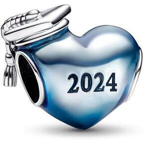 HuooNew 925 Silver Pandach Graduation Charm 2024 Hat and Pink and Blue Heart Charms, Pandach Charms Personalized Gifts and Fitting Women European Bracelet Necklace