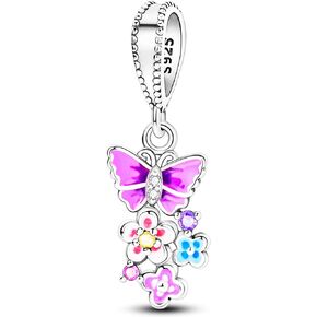 NUJIFFY 925 Sterling Silver Charms Beads for Bracelets & Necklaces, Pink Butterfly Charm Flower Birthday Gifts Pendant Jewelry for Women Men Teens