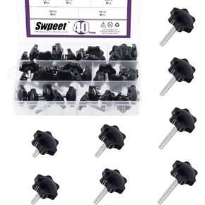 Swpeet 40Pcs M6 x 11/15/20/25/30/35/40/50mm 8 Sizes Hex Shaped Male Thread Metal Clamping Hand Hexagon Star Knobs Assortment Kit, Clamping Screw Plastic Screw-On Handle Knob Quick Removal