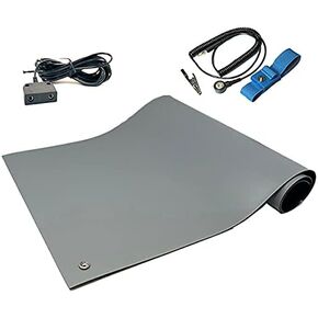 RubberStat Dual Layer ESD Compliant Workstation Rubber Table Mat Kit, Soldering, Cell Phone Repair, with Wrist Strap Set and Ground Cord - 36"x72" Blue