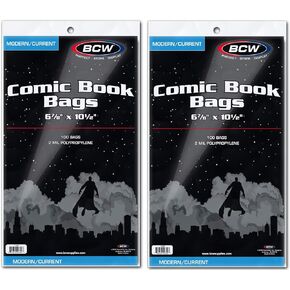 BCW Current/Modern Comic Bags - 200 ct | Acid-Free Modern Comic Bags for Current Issues | Exterior 6 7/8 x 10 1/2 inches | Crystal Clear Protection for Your Comic Collection