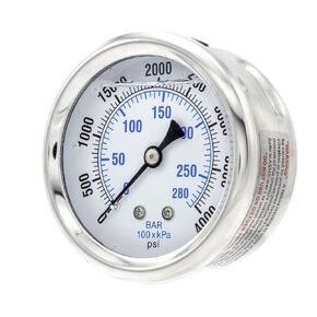 Liquid Filled Center Back Mount Pressure Gauge with 2.5" Dial, 0-4000 PSI, 1/4" Male NPT Connection, Stainless Steel CASE and Bezel (1)