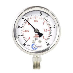 CARBO Instruments 1-1/2" Pressure Gauge, Stainless Steel Case, Chrome Plated Brass Connection, Lqiuid Filled, Compound Vacuum -30 Hg - 0-160 psi Lower Mount 1/8" NPT