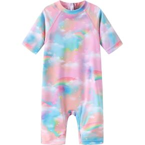 Moon Tree Baby Girls Rash Guard Swimsuits for Toddler Girls Short Sleeve Sunsuits One Piece Bathing Suits Beach Swimwear