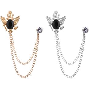 Shuxy 2PCS الرجال بروش سلسلة معلقة بروش الحجر الأسود بالتفصيل مع نقش المعادن كريستال بروش البدلة مسمار طية صدر السترة دبوس حجر الراين دبوس الصدر دبوس بروش الزفاف، الذهب والفضة in Kuwait