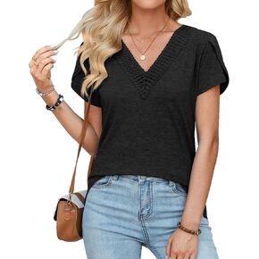 FWAY Womens T Shirts Short Sleeve Tops Summer V Neck Shirts Petal Sleeve Tees Casual Blouses