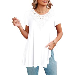 Afibi Women's Tops Short Sleeve Lace Floral Casual Loose Blouses Tee Shirts