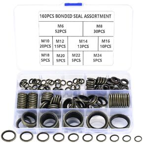 qxayxa 160 Pcs Bonded Seal Washers, Automotive Self-Centered Seal Gasket Set,Rubber Metal Bonded Sealing Washers, Hydraulic Oil Pipe Seal Gasket Washer, O-Ring Assortment Kit, 10 Sizes, M6 to M24
