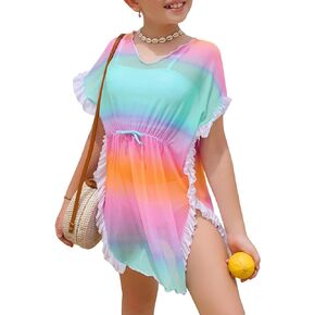 Verdusa Girl's Ombre Ruched Drawstring Front V Neck Short Sleeve Ruffled Swim Cover Up