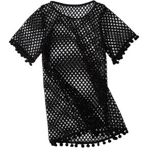 MakeMeChic Girl's Short Sleeve Hollow Out Pom Pom Swimsuit Beach Cover Up