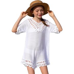 SHENHE Girl's Crochet Hollow Out Sheer Swimsuit Cover Ups Short Sleeve Beach Dress