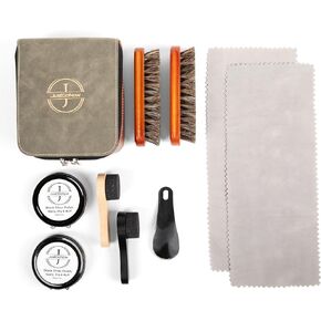 10 Piece Premium Shoe Shine Kit for Men - Black Shoe Polish Kit w/2 Horsehair Brushes, 2 Tins Black Polish, 2 Buffing Cloths, 2 Sponges & 1 Shoe Horn- Leather Boot Care Kit- Leather Boot Cleaning Kit