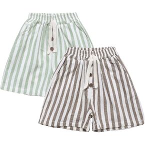 Ashmyova Classic Shorts for Boys Thin Cotton Stripe Elastics Waist Casual Summer Toddler Shorts Lightweight 2Pcs