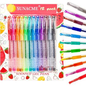 sunacme Fruity Scented Gel Ink Pens, 12 Assorted Colorful Gel Pens for Drawing, Writing, Coloring at School & Home