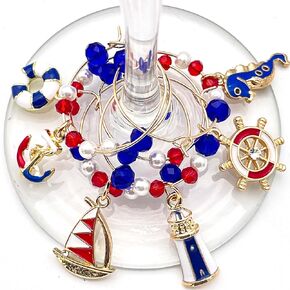 Nautical Wine Charms, Nautical Decor, Set of 6 Gold Enamel Stemware Charms, Lighthouse, Sailing Boat, Anchor, Life Ring, Wheel, Gift for Sailors