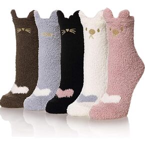 AVZXXKUF 5 Pairs Fuzzy Socks Funny Slipper Socks Cozy Home Floor Socks Super Soft Cute Cat Paw Socks Winter Warm Socks for Women Girls