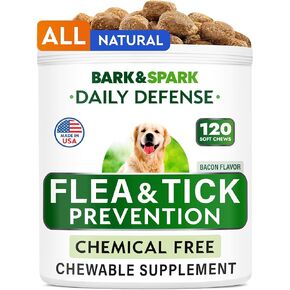 Natural Flea and Tick Prevention Chews for Dogs - Chewable Tablets for Dogs - All Breeds and Ages - Made in USA Flea and Tick Remover Supplement - Bacon - 120 Treats