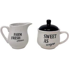 Set Sugar Bowl and Cream Server Holder Ceramic Black & White Farmhouse Table Kitchen Decor