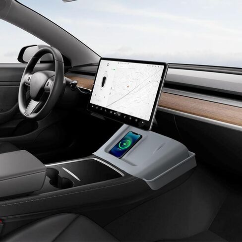 حصيرة شحن لاسلكية لوحدة التحكم المركزية من Beegrow مع جيوب جانبية، وسادة سيليكون مع منظمات جانبية متوافقة مع ملحقات طراز Tesla 3/Y 2021-2023 (رمادي) in Kuwait