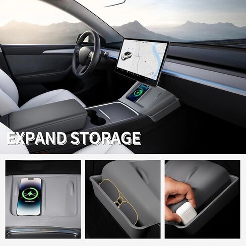 حصيرة شحن لاسلكية لوحدة التحكم المركزية من Beegrow مع جيوب جانبية، وسادة سيليكون مع منظمات جانبية متوافقة مع ملحقات طراز Tesla 3/Y 2021-2023 (رمادي) in Kuwait