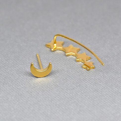 أقراط غير متطابقة على شكل نجوم وقمر من الفضة الإسترليني عيار 925 مع لمسة نهائية ذهبية in Kuwait