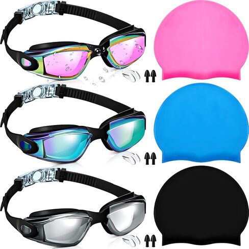 6 Pack Swim Goggles Hat for Adults Women with Nose Plug Earplug Waterproof Anti Fog Clear Stretchable Goggle Pack (Bright Style) in Saudi Arabia