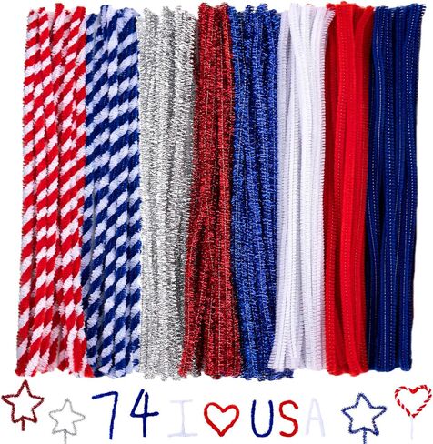 Whaline 500Pcs Independence Day Pipe Cleaners Red White Blue Silver Colorful Pipe Cleaners Craft Supplies Glitter Chenille Stems for 4th of July Patriotic Party DIY Art Craft Decorations in Saudi Arabia