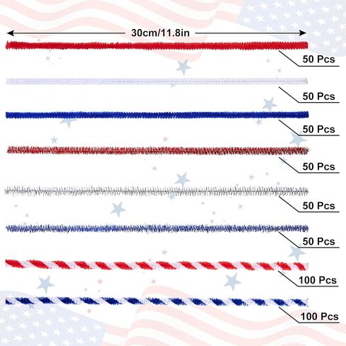 Whaline 500Pcs Independence Day Pipe Cleaners Red White Blue Silver Colorful Pipe Cleaners Craft Supplies Glitter Chenille Stems for 4th of July Patriotic Party DIY Art Craft Decorations in Saudi Arabia