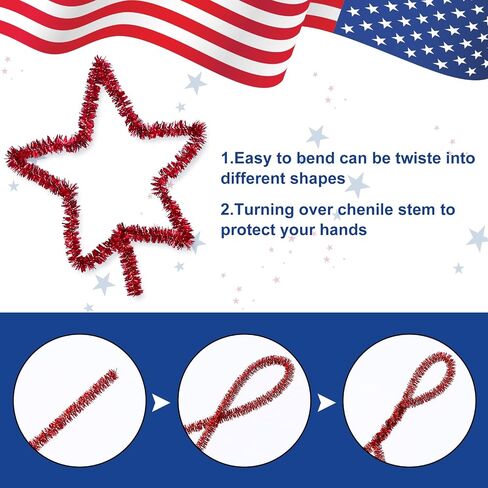 Whaline 500Pcs Independence Day Pipe Cleaners Red White Blue Silver Colorful Pipe Cleaners Craft Supplies Glitter Chenille Stems for 4th of July Patriotic Party DIY Art Craft Decorations in Saudi Arabia