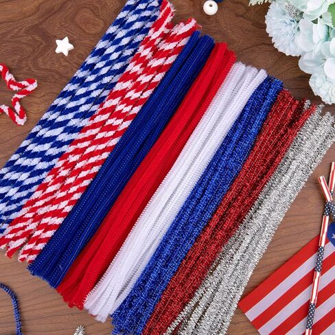 Whaline 500Pcs Independence Day Pipe Cleaners Red White Blue Silver Colorful Pipe Cleaners Craft Supplies Glitter Chenille Stems for 4th of July Patriotic Party DIY Art Craft Decorations in Saudi Arabia