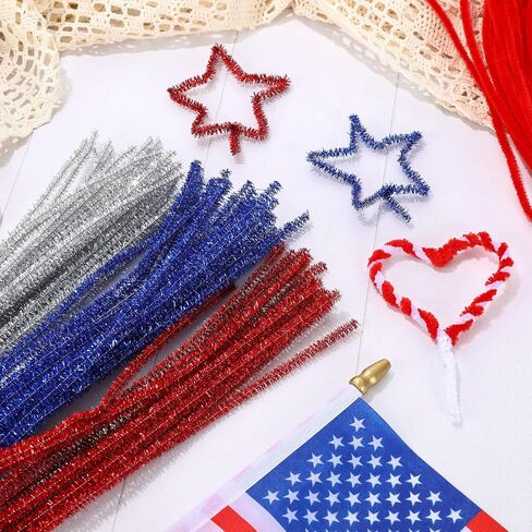 Whaline 500Pcs Independence Day Pipe Cleaners Red White Blue Silver Colorful Pipe Cleaners Craft Supplies Glitter Chenille Stems for 4th of July Patriotic Party DIY Art Craft Decorations in Saudi Arabia