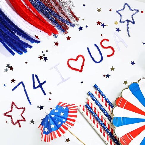 Whaline 500Pcs Independence Day Pipe Cleaners Red White Blue Silver Colorful Pipe Cleaners Craft Supplies Glitter Chenille Stems for 4th of July Patriotic Party DIY Art Craft Decorations in Saudi Arabia
