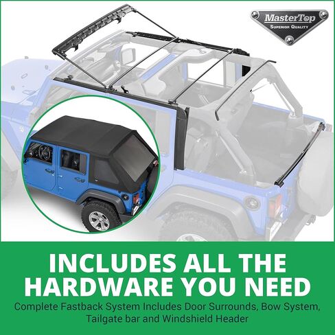 MasterTop SkyMaster بدون إطار Fastback Soft Top - يناسب Jeep Wrangler JK Unlimited 4 أبواب 2007-2018 - Jeep Wrangler Soft Top 4 أبواب - يتضمن أجهزة تجميع القوس - أسود MasterTwill in Kuwait