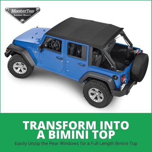 MasterTop SkyMaster بدون إطار Fastback Soft Top - يناسب Jeep Wrangler JK Unlimited 4 أبواب 2007-2018 - Jeep Wrangler Soft Top 4 أبواب - يتضمن أجهزة تجميع القوس - أسود MasterTwill in Kuwait
