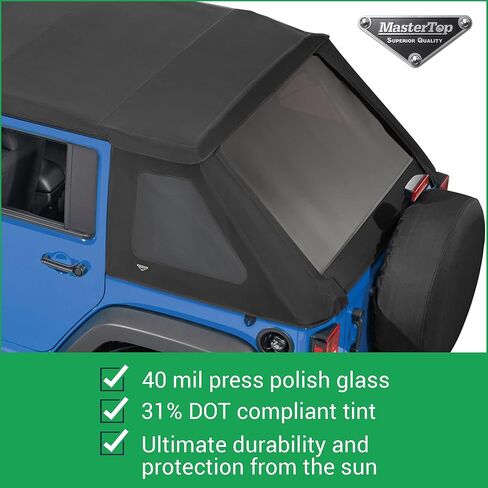 MasterTop SkyMaster بدون إطار Fastback Soft Top - يناسب Jeep Wrangler JK Unlimited 4 أبواب 2007-2018 - Jeep Wrangler Soft Top 4 أبواب - يتضمن أجهزة تجميع القوس - أسود MasterTwill in Kuwait