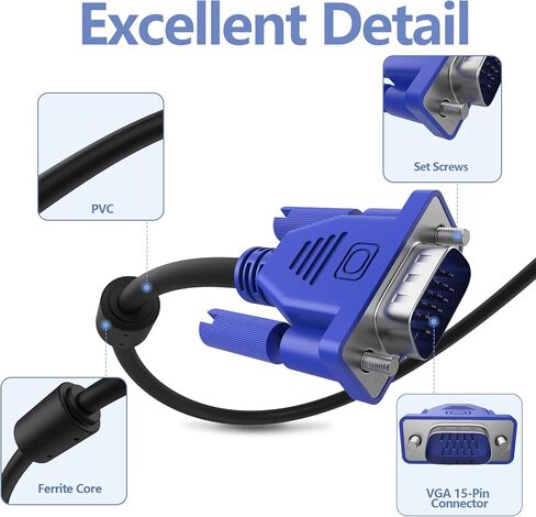 VGA to VGA Cable 10 feet, 15 pin 1080P Full HD Male to Male Monitor Cable for Computer PC Laptops TV Projectors in Kuwait