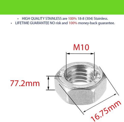 M10 صامولة سداسية من الفولاذ المقاوم للصدأ M10-1.5 (20 عبوة)، 304 18-8 صواميل من الفولاذ المقاوم للصدأ، من بيرسبيرج 120-22 in Kuwait
