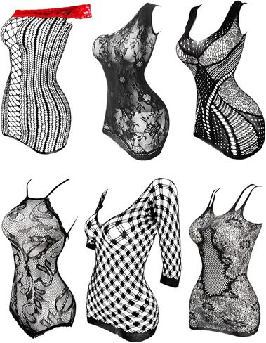 FasiCat Womens Lingerie Fishnet Dress Sexy Lingerie Set, See Through Mini Dress Fishnet Bodysuits Stockings Mesh Babydoll Bodystocking for Women One Size in Kuwait